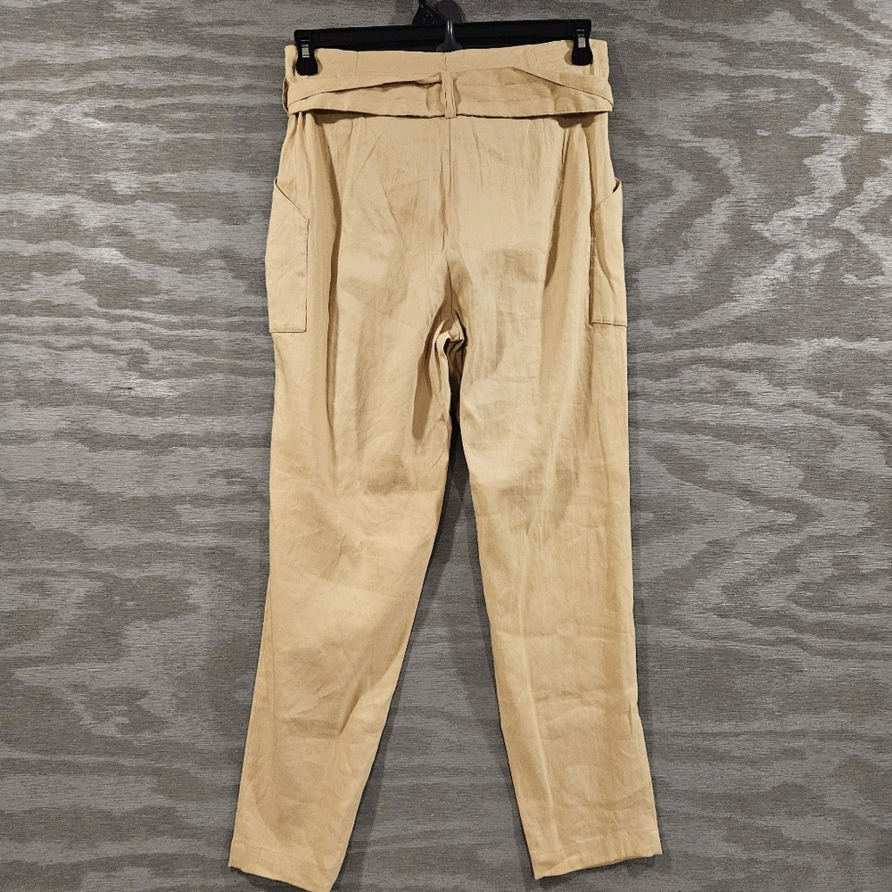 Calvin Klein SZ 4 Tan Belted Paperbag Pleated Linen Blend Pant Utility Pockets - Picture 3 of 12